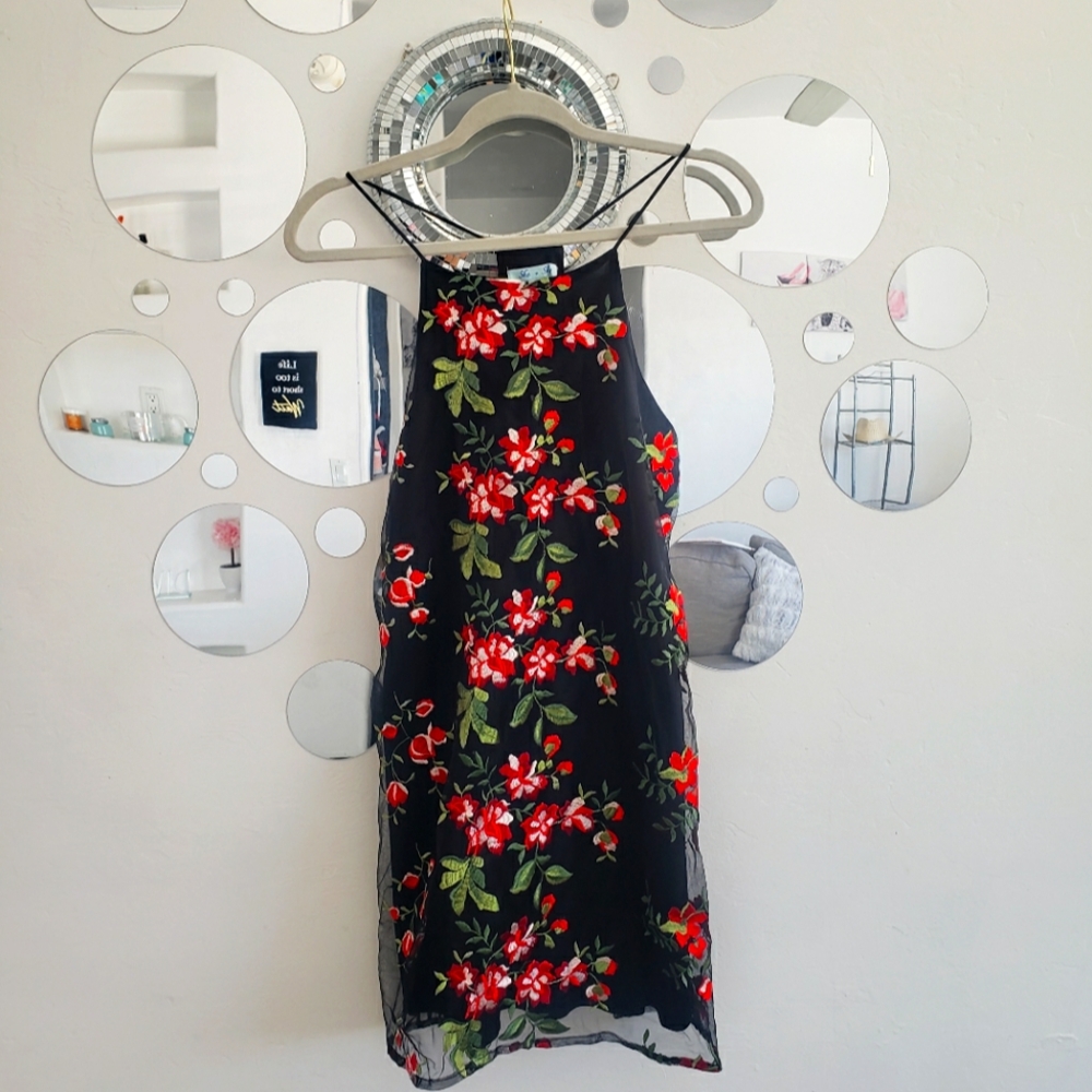 NWT Botique Brand She+Sky High-Neck, Floral Embroidery, Summer Mini Dress, Small